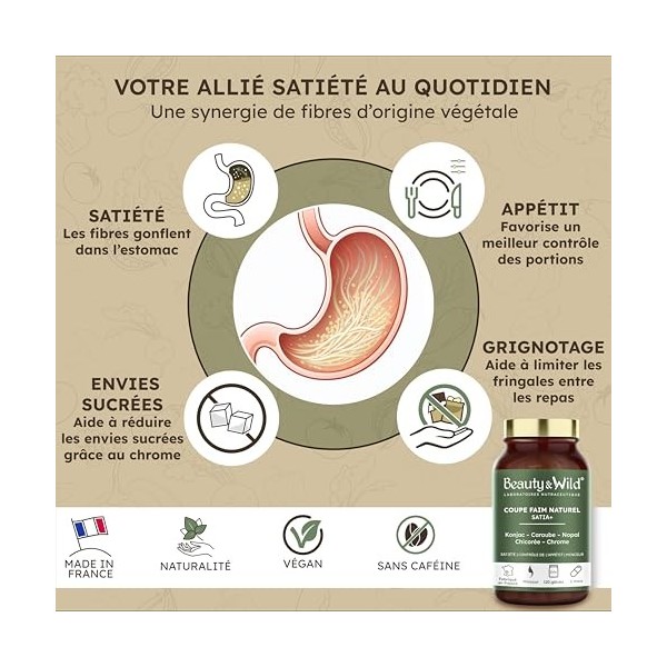 Beauty&Wild Coupe Faim Naturel SATIA+ – Konjac, Nopal, Caroube, Chrome, Contrôle de l’Appétit et Satiété, 120 Gélules, Fabriq