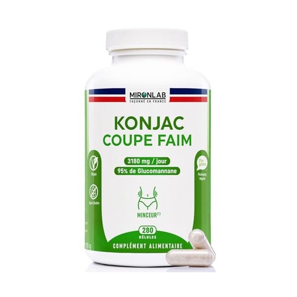 Konjac Pur 3180 mg/j - 280 Gélules – 45Jours - Coupe faim puissant et efficace - 95% Glucomannane - Minceur, détox, digestion...