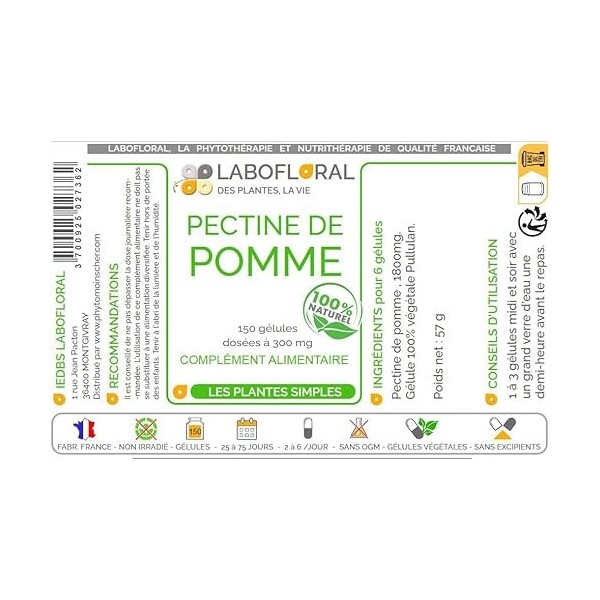 Pectine de pomme Labofloral 150 gélules dosées à 300 mg - Complément alimentaire - Minceur, coupe-faim - Fabriqué en france