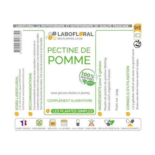 Pectine de pomme Labofloral 1000 gélules dosées à 300 mg - Complément alimentaire - Minceur, coupe-faim - Fabriqué en france