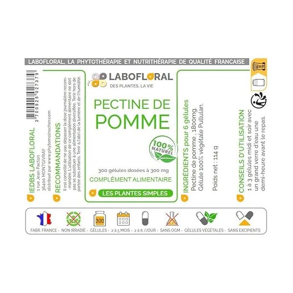 Pectine de pomme Labofloral 300 gélules dosées à 300 mg - Complément alimentaire - Minceur, coupe-faim - Fabriqué en france