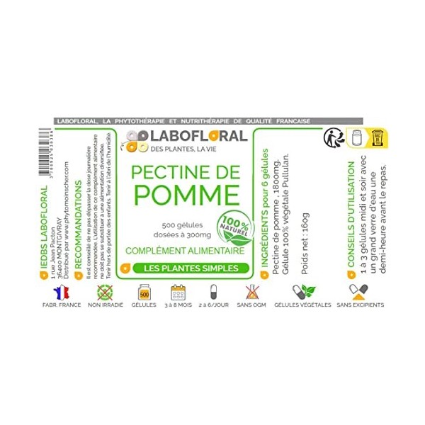 Pectine de pomme Labofloral 500 gélules dosées à 300 mg - Complément alimentaire - Minceur, coupe-faim - Fabriqué en france