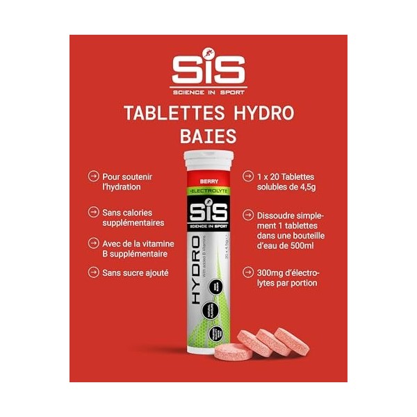 Science in Sport Hydro Électrolytes Hydratation sans Sucre - 20 Tablettes Saveur Baies - Vegan & sans Gluten, avec Sodium, Ca...