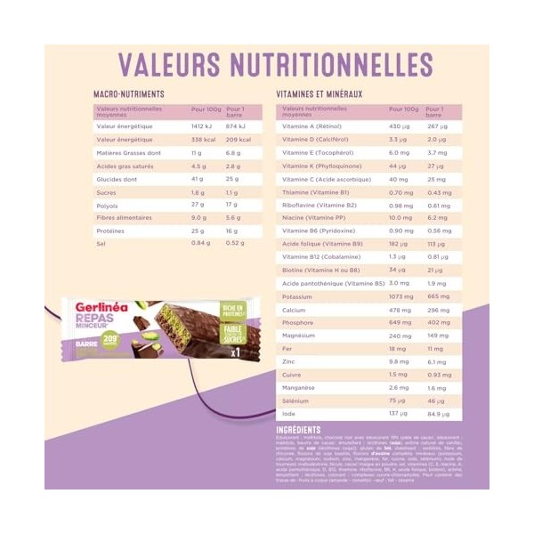 GERLINÉA - Barre Repas Chocolat noir saveur pistache - Repas minceur** et Rapide, Riche en Protéines* - Pour Perte de Poids, 