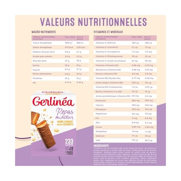 GERLINÉA – Barre Repas Crunchy Chocolat au Lait Cacahuète – Substitut de Repas Minceur Protéiné – Moins de 240 Kcal – Fabriqu...