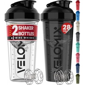 VELOMIX Lot de 2 bouteilles shaker protéinées de 800 ml pour mélanges protéinés – 2 fouets métalliques | Gobelets anti-fuites