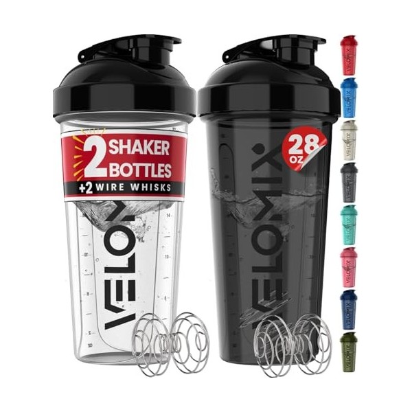 VELOMIX Lot de 2 bouteilles shaker protéinées de 800 ml pour mélanges protéinés – 2 fouets métalliques | Gobelets anti-fuites