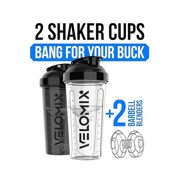 VELOMIX Lot de 2 bouteilles shaker protéinées de 800 ml pour mélanges protéinés – 2 fouets métalliques | Gobelets anti-fuites