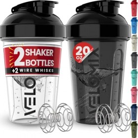 VELOMIX - Lot de 2 bouteilles shaker protéinées de 591 ml pour mélanges protéinés – 2 fouets métalliques | Gobelets anti-fuit