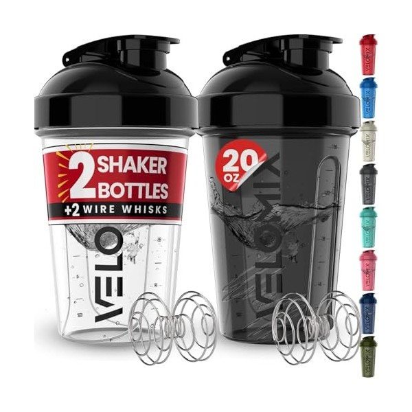 VELOMIX - Lot de 2 bouteilles shaker protéinées de 591 ml pour mélanges protéinés – 2 fouets métalliques | Gobelets anti-fuit