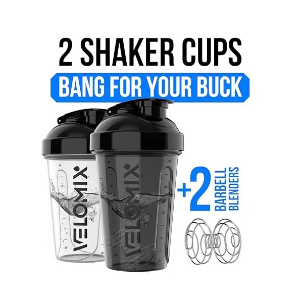 VELOMIX - Lot de 2 bouteilles shaker protéinées de 591 ml pour mélanges protéinés – 2 fouets métalliques | Gobelets anti-fuit