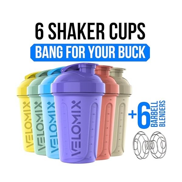 VELOMIX - Lot de 6 flacons shaker protéinés pour mélanges protéinés, gobelets shaker pour boissons protéinées, petit shaker p