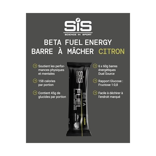 Science in Sport BETA Fuel Bar 6x60g Citron - Barres énergétiques vegan avec 46g de glucides, De délicieuses barres énergétiq...