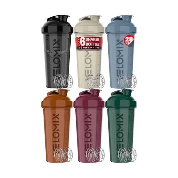 VELOMIX - Lot de 6 gobelets shaker pour boissons protéinées de 800 ml – 6 fouets métalliques | Bouteille shaker anti-fuite po