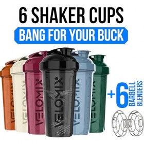 VELOMIX - Lot de 6 gobelets shaker pour boissons protéinées de 800 ml – 6 fouets métalliques | Bouteille shaker anti-fuite po