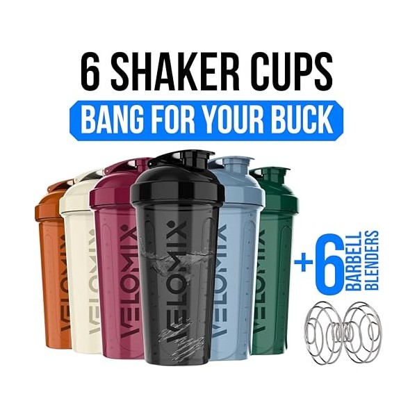 VELOMIX - Lot de 6 gobelets shaker pour boissons protéinées de 800 ml – 6 fouets métalliques | Bouteille shaker anti-fuite po