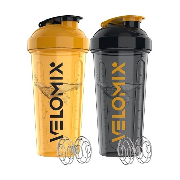 VELOMIX - Lot de 2 bouteilles shaker protéinées de 800 ml pour mélanges protéinés – 2 fouets métalliques | Gobelets anti-fuit