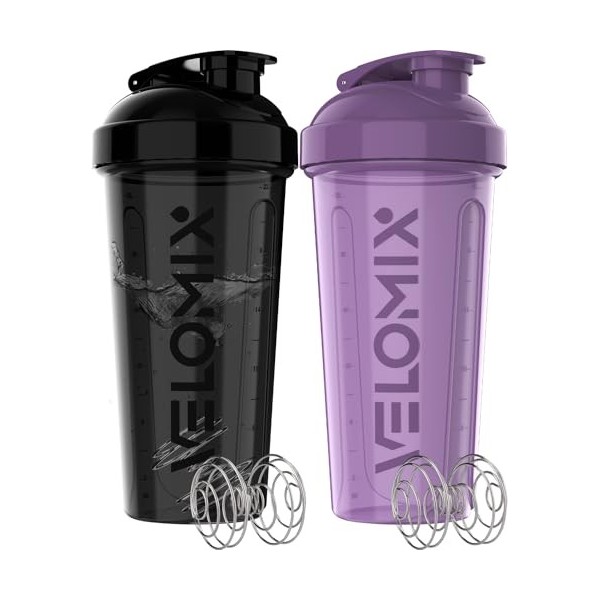 VELOMIX - Lot de 2 bouteilles shaker protéinées de 800 ml pour mélanges protéinés – 2 fouets métalliques | Gobelets anti-fuit