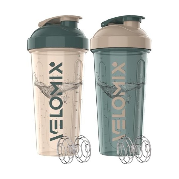 VELOMIX - Lot de 2 bouteilles shaker protéinées de 800 ml pour mélanges protéinés – 2 fouets métalliques | Gobelets anti-fuit