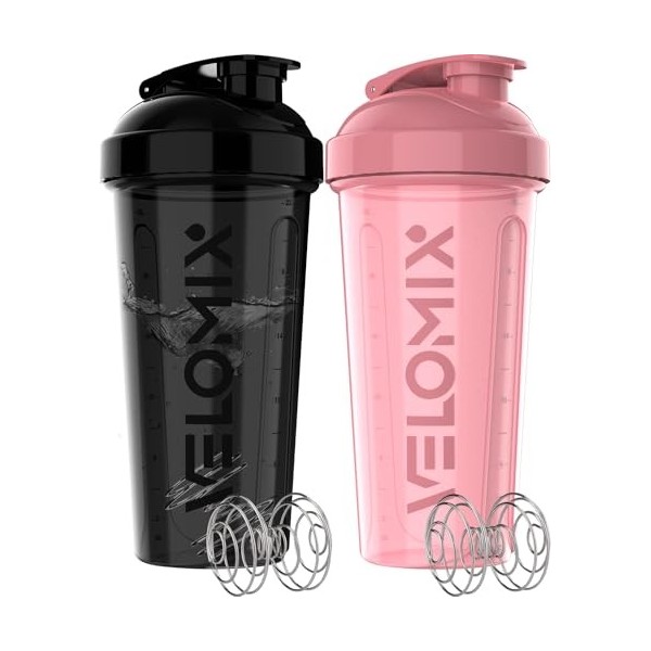 VELOMIX - Lot de 2 bouteilles shaker protéinées de 800 ml pour mélanges protéinés – 2 fouets métalliques | Gobelets anti-fuit