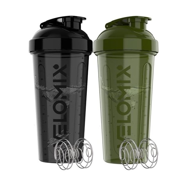 VELOMIX - Lot de 2 bouteilles shaker protéinées de 800 ml pour mélanges protéinés – 2 fouets métalliques | Gobelets anti-fuit