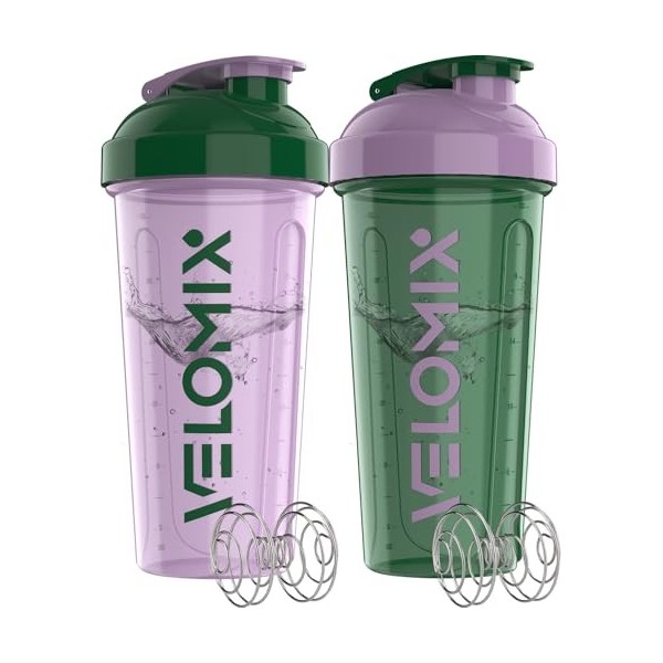 VELOMIX - Lot de 2 bouteilles shaker protéinées de 800 ml pour mélanges protéinés – 2 fouets métalliques | Gobelets anti-fuit
