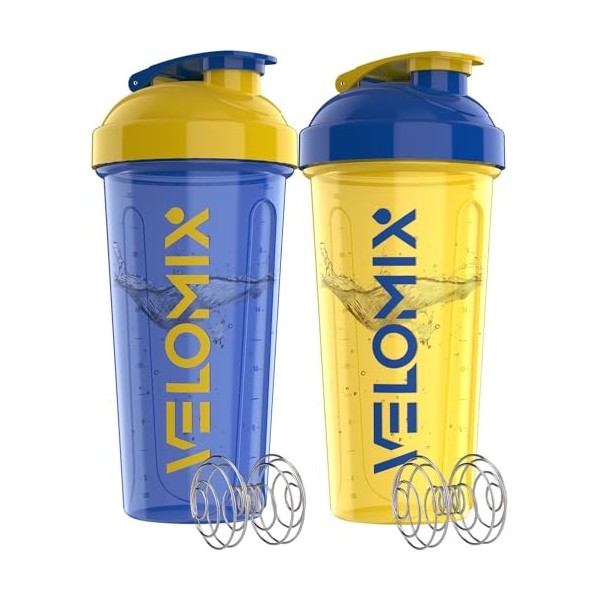 VELOMIX - Lot de 2 bouteilles shaker protéinées de 800 ml pour mélanges protéinés – 2 fouets métalliques | Gobelets anti-fuit