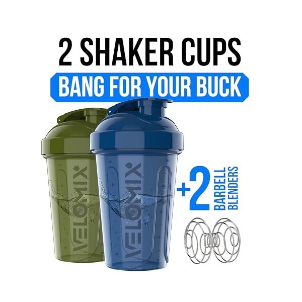 VELOMIX - Lot de 2 bouteilles shaker protéinées de 591 ml pour mélanges protéinés – 2 fouets métalliques | Gobelets anti-fuit