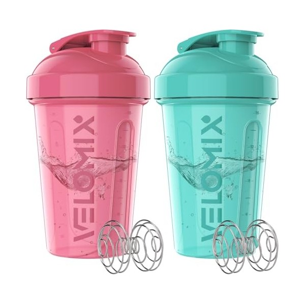 VELOMIX - Lot de 2 bouteilles shaker protéinées de 591 ml pour mélanges protéinés – 2 fouets métalliques | Gobelets anti-fuit