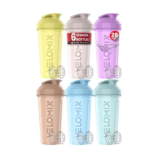 VELOMIX - Lot de 6 gobelets shaker pour boissons protéinées de 800 ml – 6 fouets métalliques | Bouteille shaker anti-fuite po