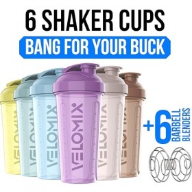VELOMIX - Lot de 6 gobelets shaker pour boissons protéinées de 800 ml – 6 fouets métalliques | Bouteille shaker anti-fuite po