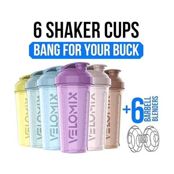VELOMIX - Lot de 6 gobelets shaker pour boissons protéinées de 800 ml – 6 fouets métalliques | Bouteille shaker anti-fuite po