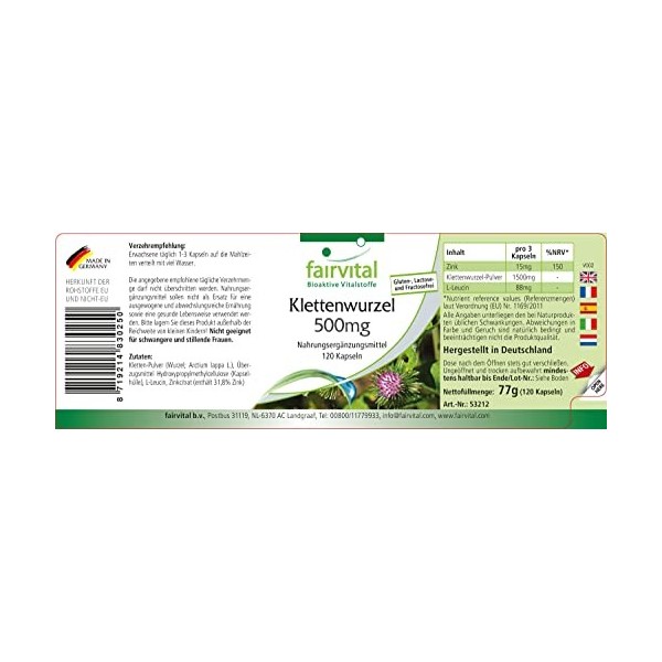 Fairvital | Racine de bardane 500mg avec zinc - 120 Gélule Fortement dosé végétaliennes