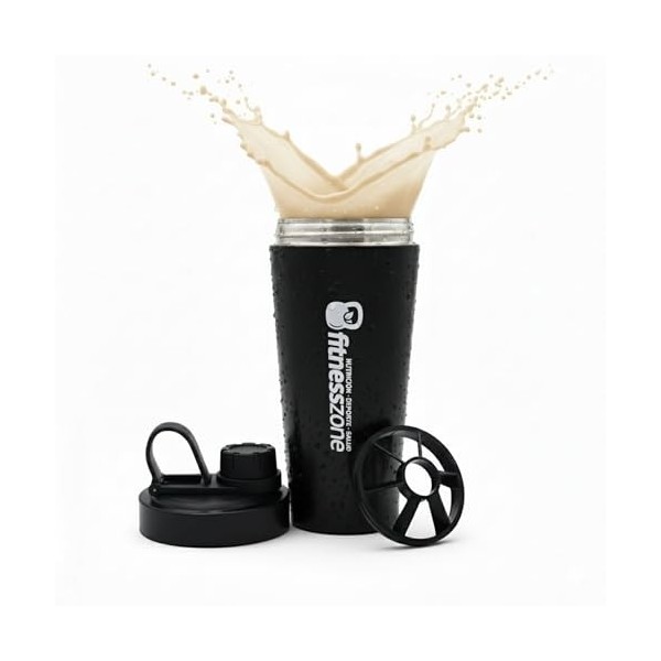FitnessZone Shaker de protéines en acier inoxydable 750 ml – Bouteille de protéines anti-déversement, fermeture hermétique, f