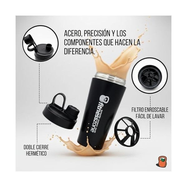 FitnessZone Shaker de protéines en acier inoxydable 750 ml – Bouteille de protéines anti-déversement, fermeture hermétique, f
