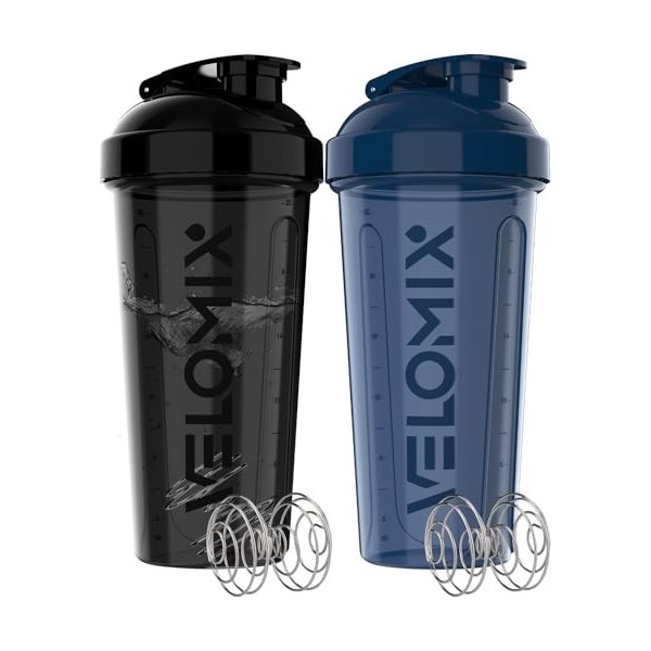 VELOMIX - Lot de 2 bouteilles shaker protéinées de 800 ml pour mélanges protéinés – 2 fouets métalliques | Gobelets anti-fuit