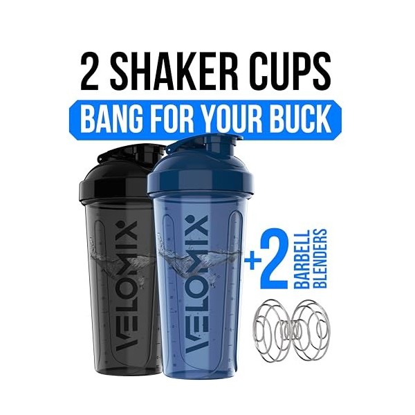 VELOMIX - Lot de 2 bouteilles shaker protéinées de 800 ml pour mélanges protéinés – 2 fouets métalliques | Gobelets anti-fuit