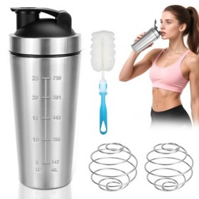 QGGTQG Shaker à protéines en acier inoxydable - 750 ml - Shaker protéiné avec boule shaker et brosse - Gradué à lintérieur e