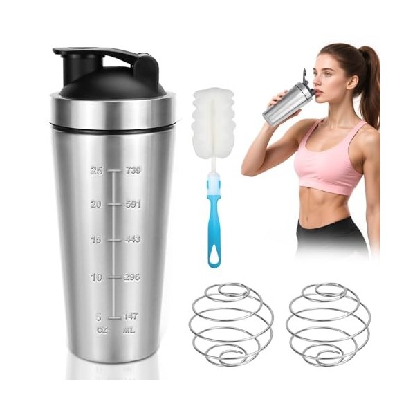 QGGTQG Shaker à protéines en acier inoxydable - 750 ml - Shaker protéiné avec boule shaker et brosse - Gradué à lintérieur e