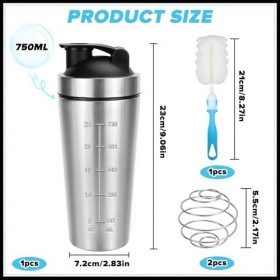 QGGTQG Shaker à protéines en acier inoxydable - 750 ml - Shaker protéiné avec boule shaker et brosse - Gradué à lintérieur e