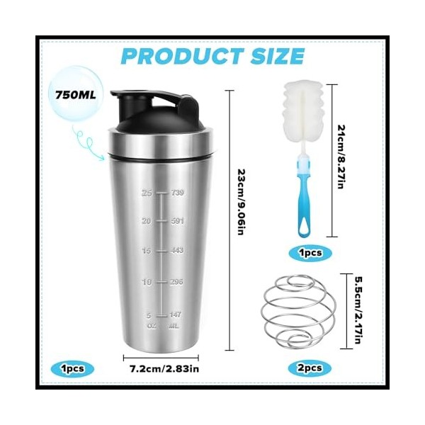 QGGTQG Shaker à protéines en acier inoxydable - 750 ml - Shaker protéiné avec boule shaker et brosse - Gradué à lintérieur e