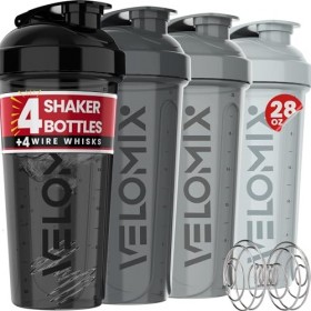 VELOMIX - Lot de 4 bouteilles shaker anti-fuites pour mélanges protéinés de 800 ml – 4 fouets métalliques | Gobelets anti-fui...