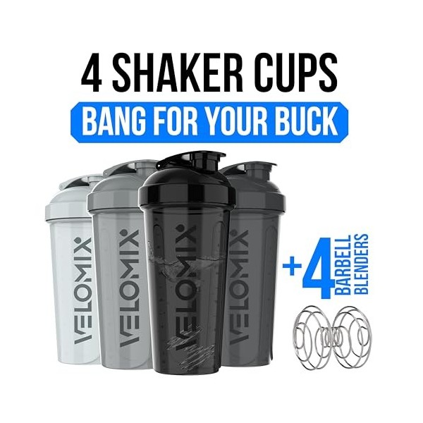 VELOMIX - Lot de 4 bouteilles shaker anti-fuites pour mélanges protéinés de 800 ml – 4 fouets métalliques | Gobelets anti-fui...