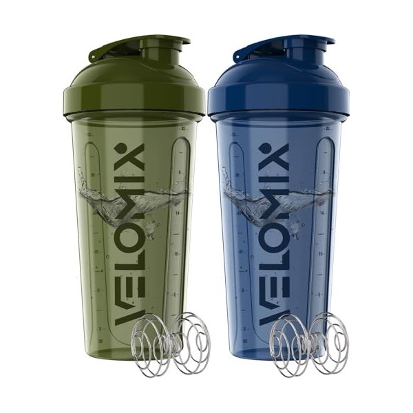 VELOMIX - Lot de 2 bouteilles shaker protéinées de 800 ml pour mélanges protéinés – 2 fouets métalliques | Gobelets anti-fuit