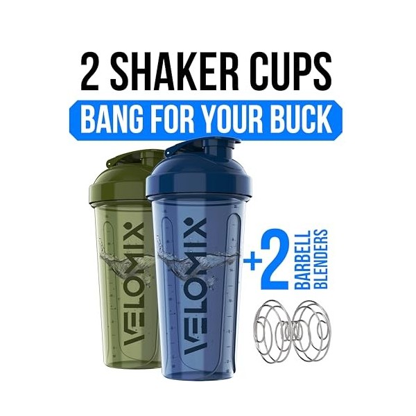 VELOMIX - Lot de 2 bouteilles shaker protéinées de 800 ml pour mélanges protéinés – 2 fouets métalliques | Gobelets anti-fuit