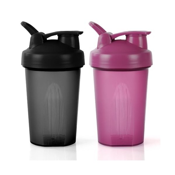 AOGOE Lot de 2 shakers protéinés avec boule de mélange en acier inoxydable de 400 ml, pour protéines et compléments, anti-fui...