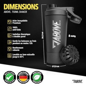 ABOVE. Shaker Proteine Inox 750ml – Sans BPA & Isotherme: Maintient les Boissons Froides 12H – Echelle Gravee & Bouchon 100% ...