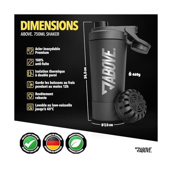ABOVE. Shaker Proteine Inox 750ml – Sans BPA & Isotherme: Maintient les Boissons Froides 12H – Echelle Gravee & Bouchon 100% ...