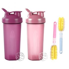 Tokaneit Lot de 2 bouteilles de shakers de protéines shaker à protéines avec 2 boules mixtes en acier inoxydable + 2 brossett