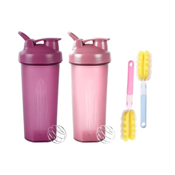 Tokaneit Lot de 2 bouteilles de shakers de protéines shaker à protéines avec 2 boules mixtes en acier inoxydable + 2 brossett